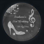 Black/Silver Disco Ball en Heels 21st Birthday Papieren Bordje<br><div class="desc">Op maat gesneden, elegante borden van 21ste verjaardagsfeestdag voor vrouwen. Mooie zwarte en zilveren sjablonen voor de eenentwintigste verjaardag van een vrouw. Deze borden hebben een funky retro disco spiegelbal, glamoureuze bedrukte afbeeldingen neushoorns / diamanten glitter, sequins, juwelen sparkle high heels stilettos schoenen, en glittery musical note/ muzieknote met sparkles...</div>