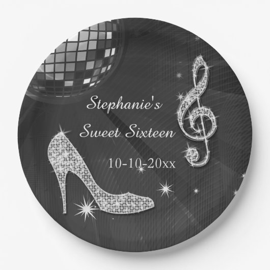 Black/Silver Disco Ball en Heels Sweet 16 Papieren Bordje (Voorkant)