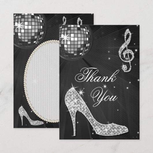 Black & Silver Disco Ball Heels Hartelijk dank Bedankkaart (Voorkant / Achterkant)