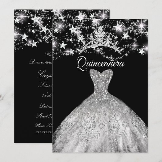 Black Silver Dress Sparkle Tiara Stars Quinceanera Kaart (Voorkant / Achterkant)