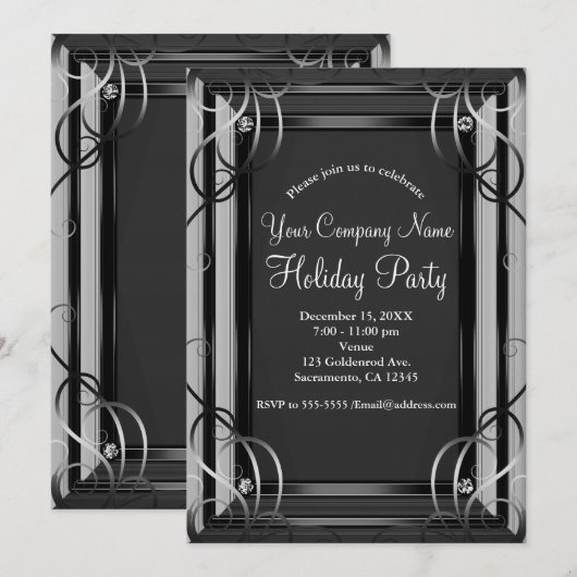 Black & Silver Elegant Corporate Holiday Party Kaart (Voorkant / Achterkant)