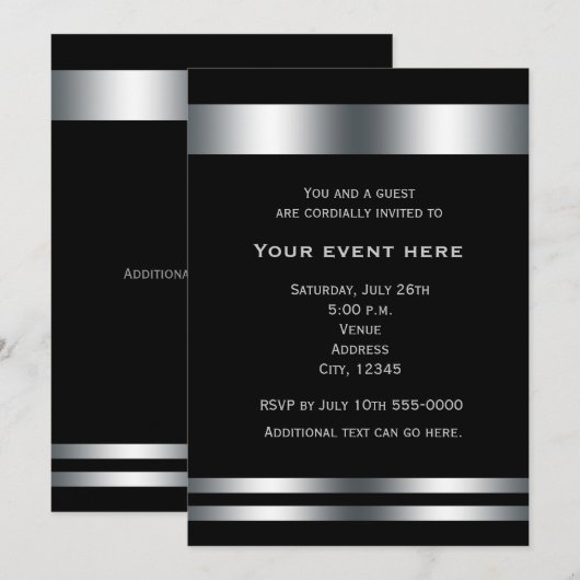 Black Silver Elegant Dinner Party Event Uitnodigin Kaart (Voorkant / Achterkant)