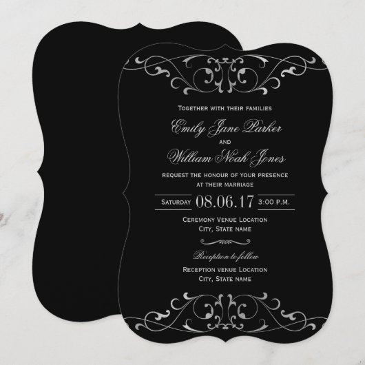 Black Silver Elegant Wedding Invitation Kaart (Voorkant / Achterkant)