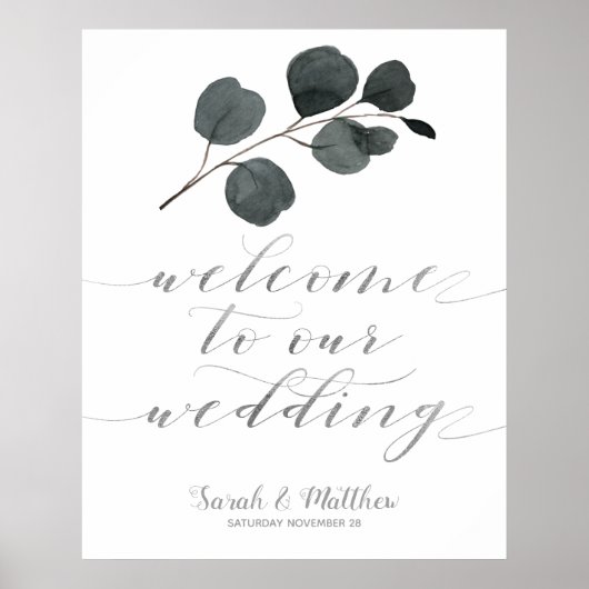 Black & Silver Eucalyptus Welkom op ons huwelijk Poster (Voorkant)
