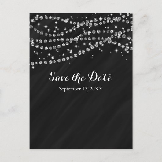 Black & Silver Faux Diamond Bling Save Date Aankondigingskaart (Voorkant)