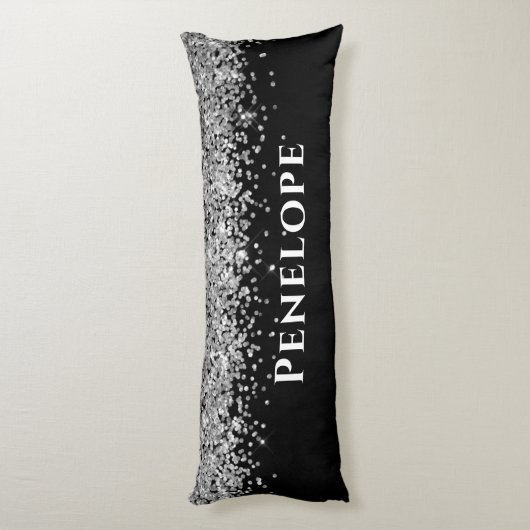 Black Silver Faux Glitter Aesthetic Custom Name Lichaamskussen (Achterkant (Verticaal))