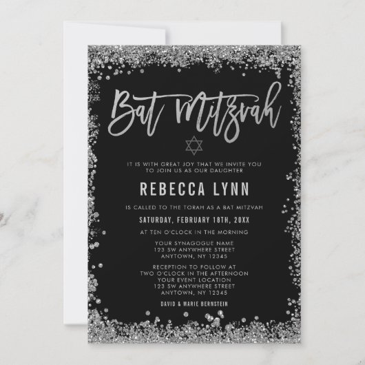 Black Silver Faux Glitter Bat Mitzvah Kaart (Voorkant)