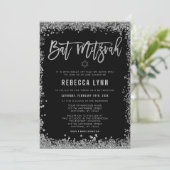 Black Silver Faux Glitter Bat Mitzvah Kaart (Staand voorkant)