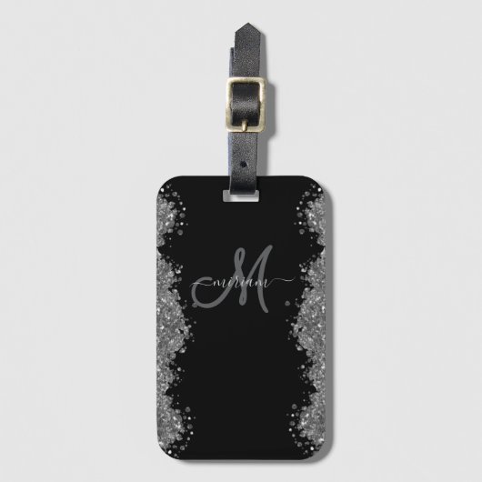 Black Silver Faux Glitter Grey Modern Monogram Bagagelabel (Voorkant (verticaal))