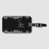 Black Silver Faux Glitter Grey Modern Monogram Bagagelabel (Voorkant (horizontaal))