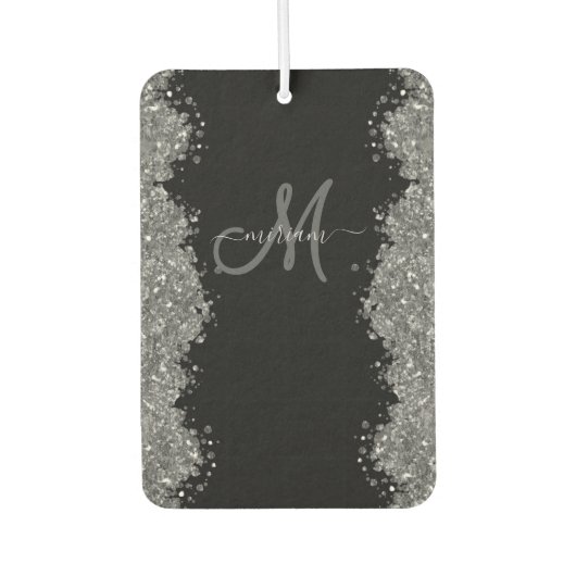 Black Silver Faux Glitter Grey Modern Monogram Luchtverfrisser (Voorkant)