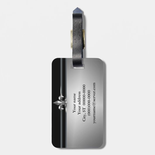 Black Silver Fleur de Lis Bagagelabel (Achterkant verticaal)