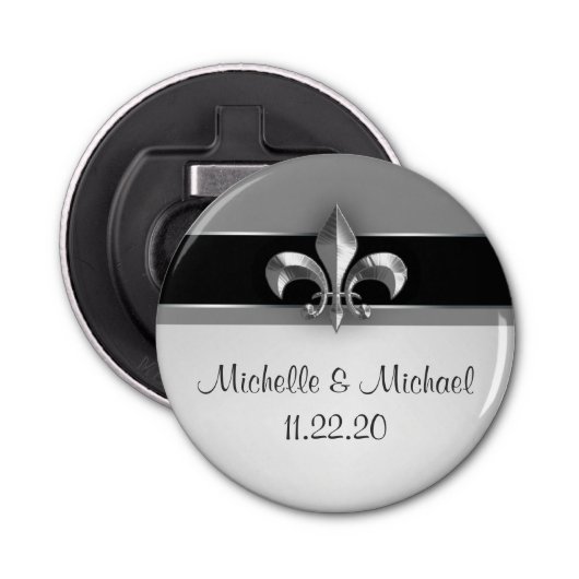 Black Silver Fleur de Lis Button Flesopener (Voorkant)