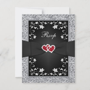 Black Silver Floral Red Hearts FAUX Foil RSVP-kaar RSVP Kaartje