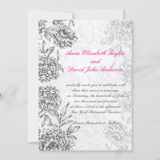 Black SIlver Floral Wedding Invitations Pink Kaart (Voorkant)
