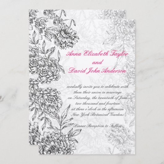 Black SIlver Floral Wedding Invitations Pink Kaart (Voorkant / Achterkant)