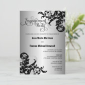 Black Silver Flourish Engagement Party Kaart (Staand voorkant)