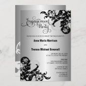 Black Silver Flourish Engagement Party Kaart (Voorkant / Achterkant)