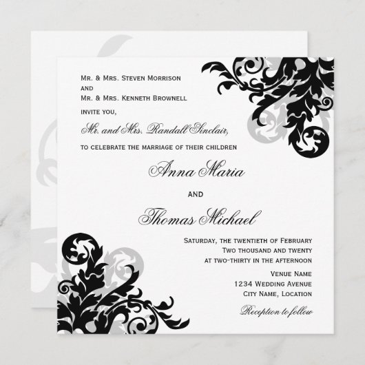 Black Silver Flourish Individual Guest Wedding Kaart (Voorkant / Achterkant)