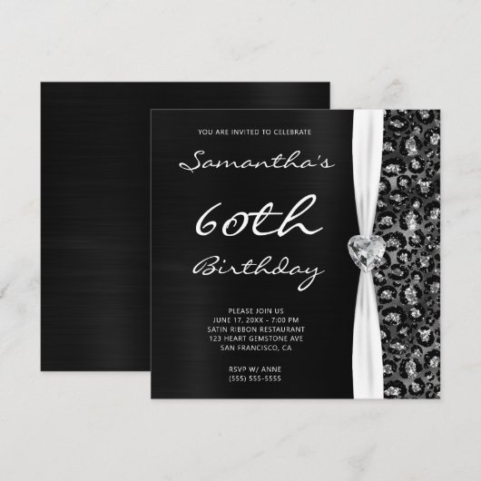 Black Silver Foil Glitter Leopard Glam Birthday Kaart (Voorkant / Achterkant)