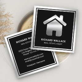 Black Silver Foil Home Logo Real Estate Agent Vierkante Visitekaartje