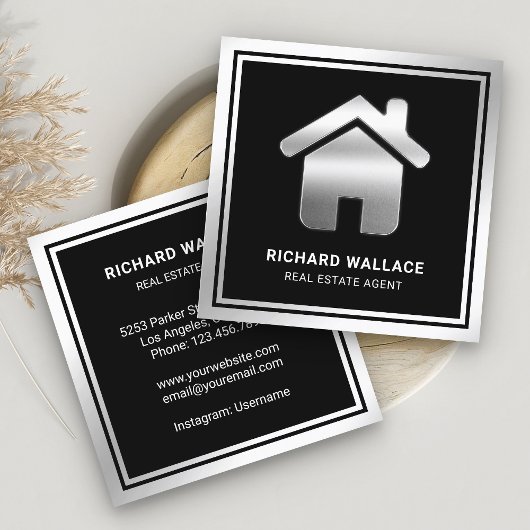 Black Silver Foil Home Logo Real Estate Agent Vierkante Visitekaartje