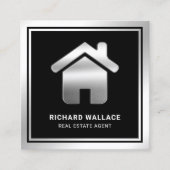Black Silver Foil Home Logo Real Estate Agent Vierkante Visitekaartje (Voorkant)