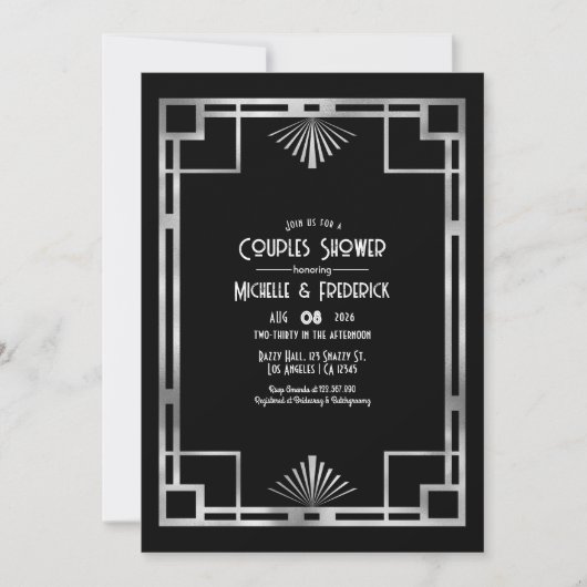 Black & Silver Gatsby Art Deco Couples Shower Kaart (Voorkant)