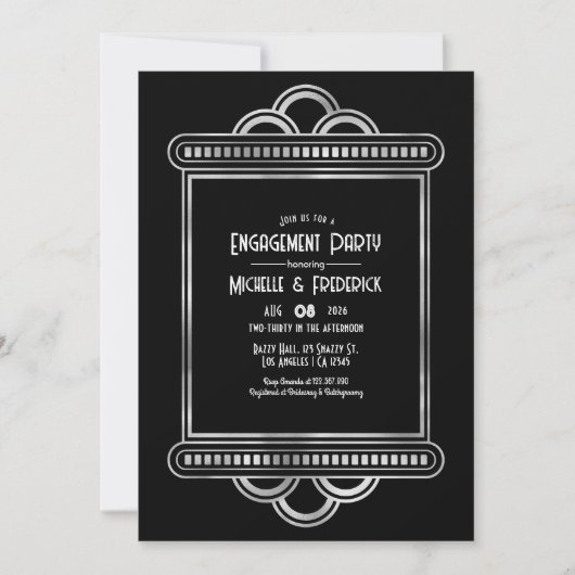 Black & Silver Gatsby Art Deco Engagement Party Kaart (Voorkant)
