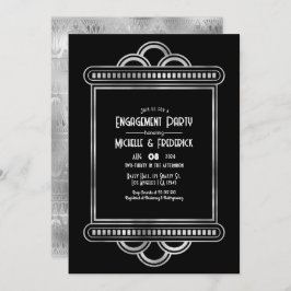 Black & Silver Gatsby Art Deco Engagement Party Kaart