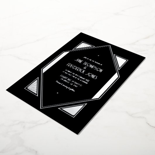Black & Silver Gatsby Art Deco Wedding Folie Uitnodiging (Gedraaid)