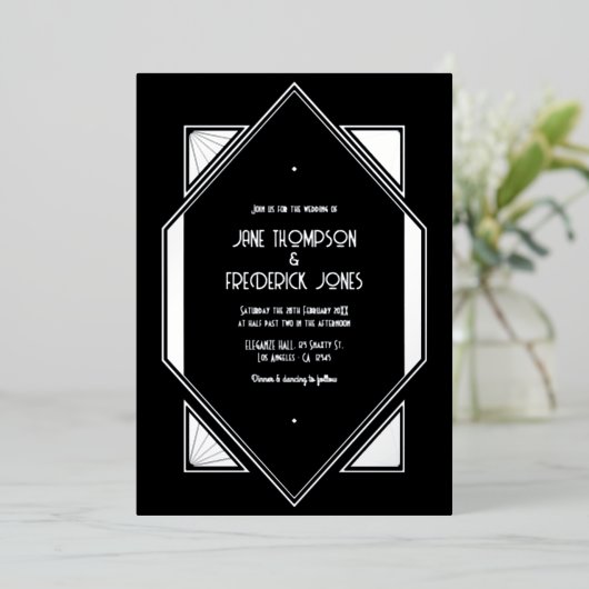 Black & Silver Gatsby Art Deco Wedding Folie Uitnodiging (Staand Voorkant)
