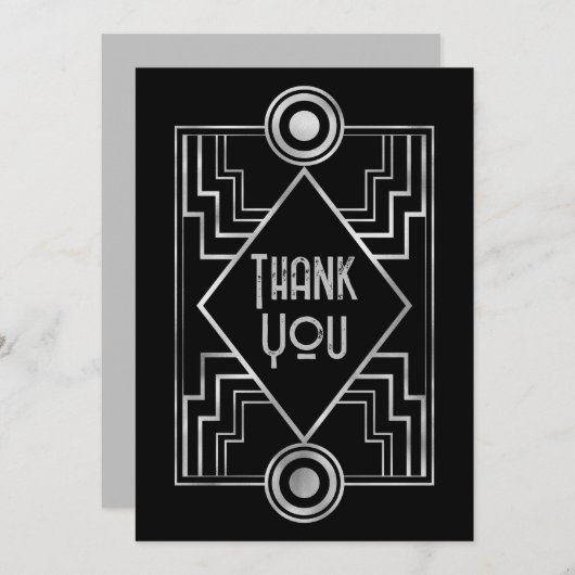 Black & Silver Gatsby-Inspired Art Deco Wedding Bedankkaart (Voorkant / Achterkant)