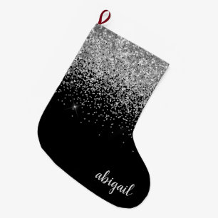 Black Silver Girly Glitter Shimmer Modern Stijlvol Grote Kerstsok