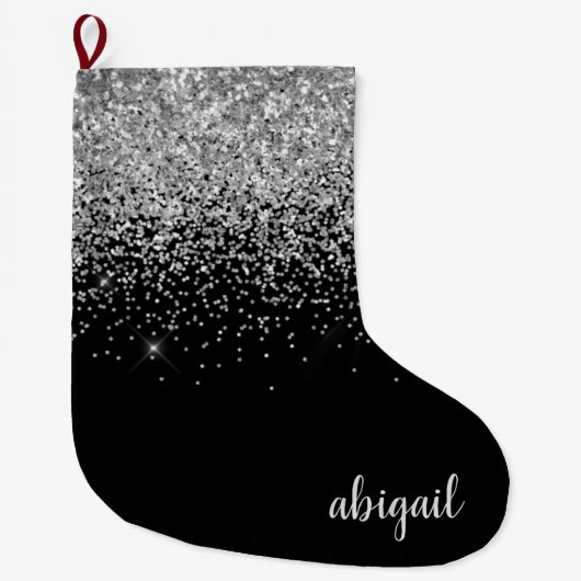 Black Silver Girly Glitter Shimmer Modern Stijlvol Grote Kerstsok (Voorkant)
