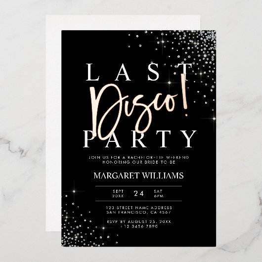 Black Silver Glam Last Disco Bachelorette Party Folie Uitnodiging (Voorkant / Achterkant)