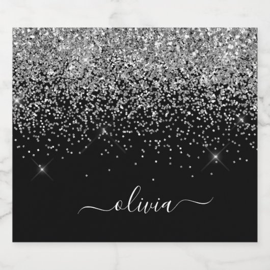 Black Silver Glitter Chic Monogram Naam Likeurfles Etiket (Enkel label)