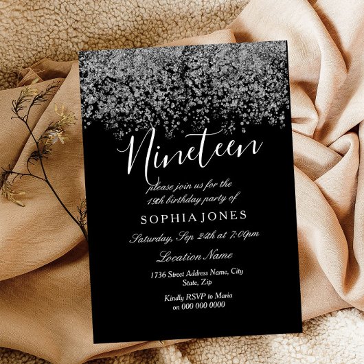 Black Silver Glitter Confetti 19e verjaardag Kaart