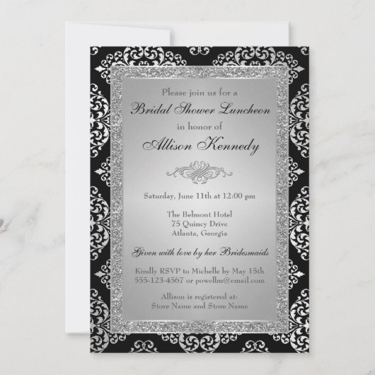 Black, Silver Glitter Damask Vrijgezellenfeest Inv Kaart (Voorkant)