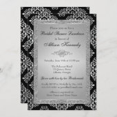 Black, Silver Glitter Damask Vrijgezellenfeest Inv Kaart (Voorkant / Achterkant)