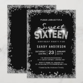 Black Silver Glitter Diamond Sweet 16 Zestien Kaart (Voorkant / Achterkant)