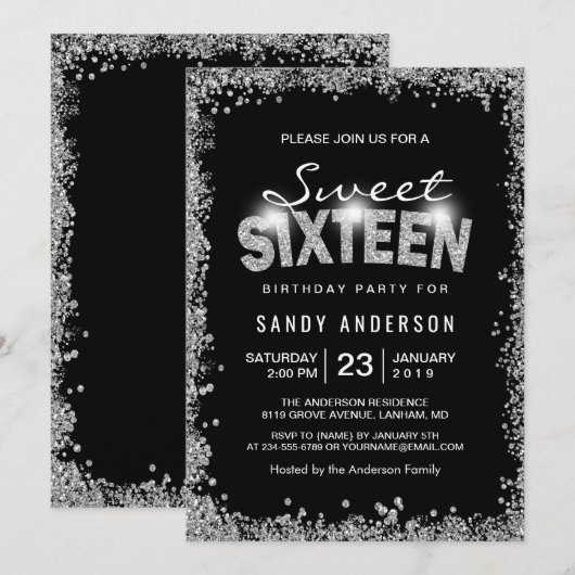 Black Silver Glitter Diamond Sweet 16 Zestien Kaart (Voorkant / Achterkant)