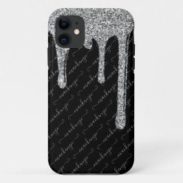 Black Silver Glitter Drips Handgeschreven naam Case-Mate iPhone Case