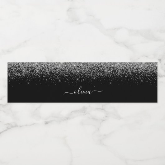 Black Silver Glitter Elegant Monogram Naam Waterfles Etiket (Enkel label)