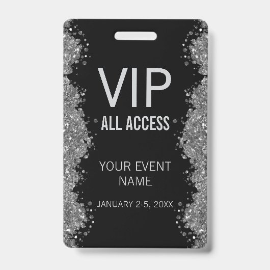 Black Silver Glitter Event VIP All Access Pass ID Badge (Voorzijde)
