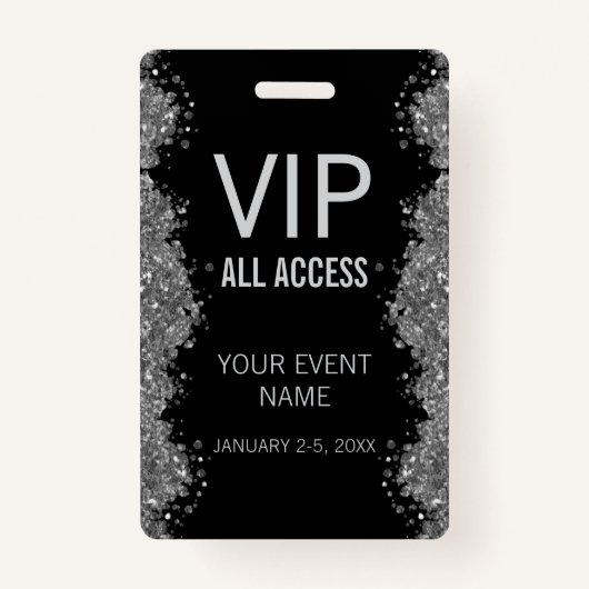Black Silver Glitter Event VIP All Access Pass ID Badge (Voorkant)