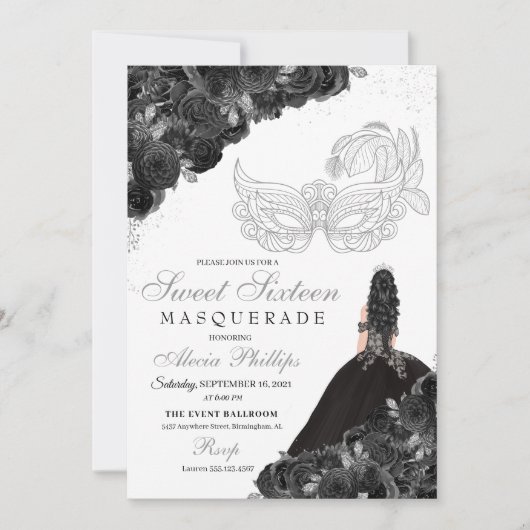 Black & Silver Glitter Floral Sweet 16 Masquerade Kaart (Voorkant)