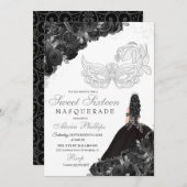 Black & Silver Glitter Floral Sweet 16 Masquerade Kaart (Voorkant / Achterkant)