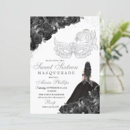 Black & Silver Glitter Floral Sweet 16 Masquerade Kaart