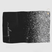 Black Silver Glitter Girly Monogram Naam Golfhanddoek (Horizontaal)